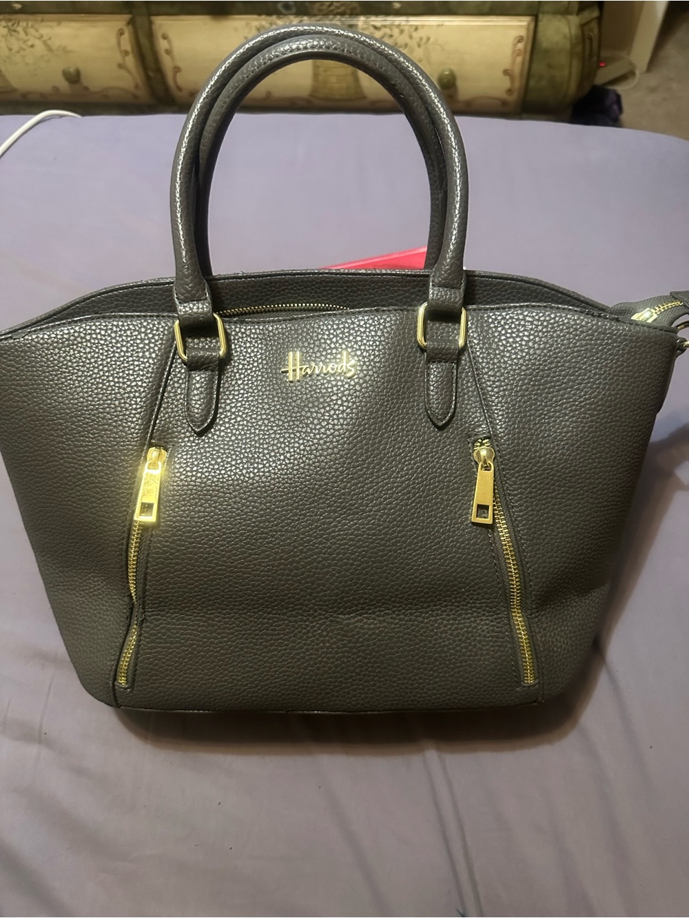 HARRODS Gray Handbag Satchel Gold Hardware Lots of Interior Space